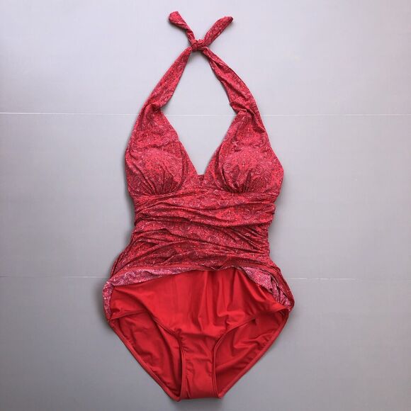 COOLIBAR Women 14 One Piece Swimsuit Halter Ruched UPF 50+ Paisley Red New - Picture 2 of 11